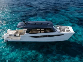 The SilverCat 47 power catamaran under way on turquoise water, side profile