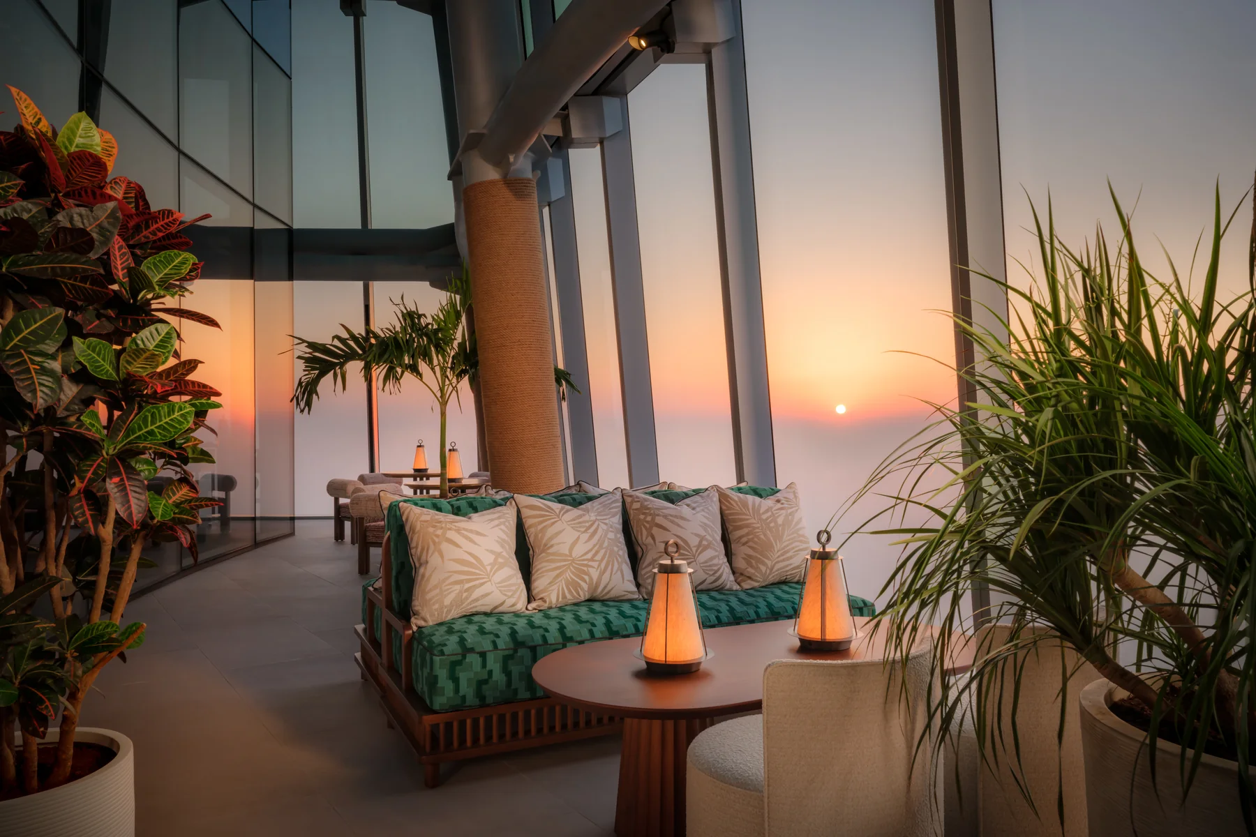 The TATTU Sky Lounge terrace on Level 81 of Ciel Dubai Marina at sunset