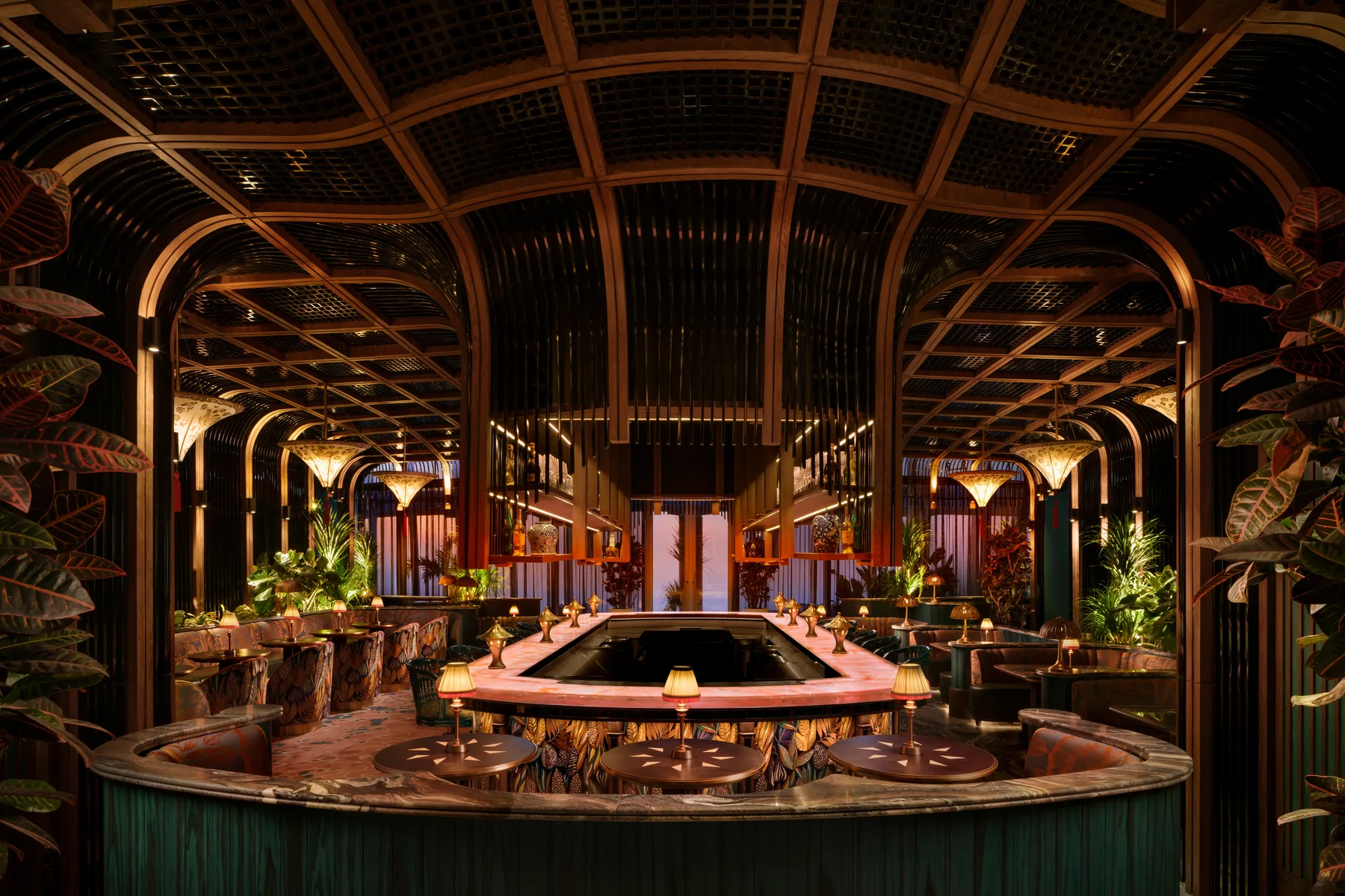The birdcage-inspired ceiling of the TATTU Sky Lounge on Level 81