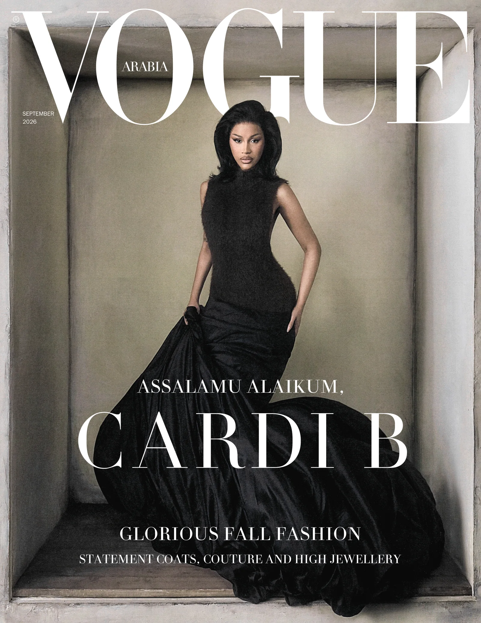 Cardi B on the cover of Vogue Arabia September 2026 in a sculptural black gown