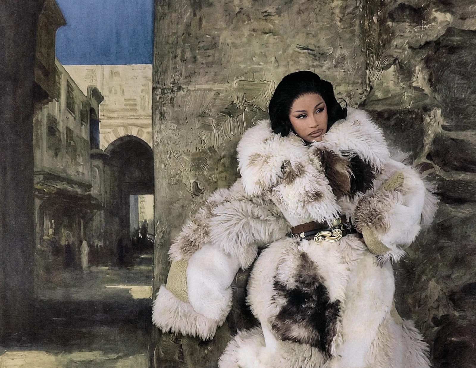 Cardi B in a fur coat photographed in an Orientalist stone alley for Vogue Arabia September 2026