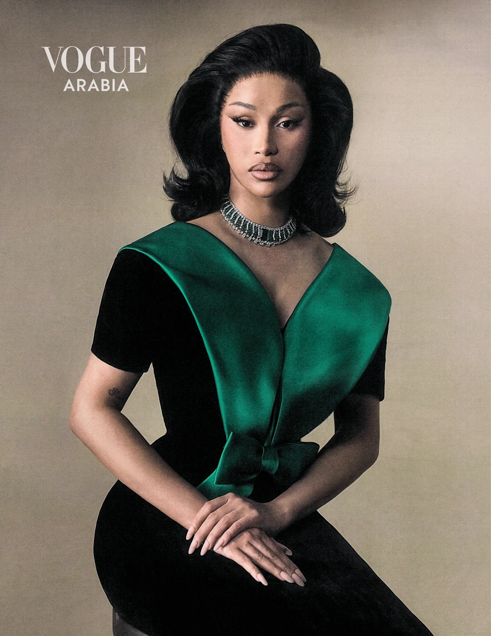 Cardi B in deep green satin and high jewellery for Vogue Arabia