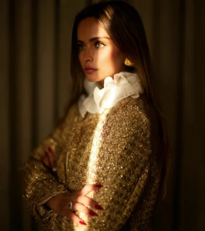 Shahad Albandar, founder of Maison Chahad, in a gold embellished look