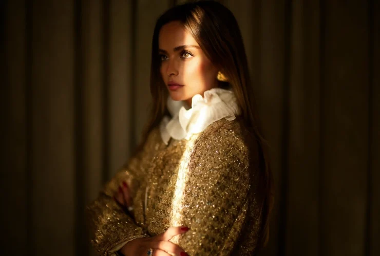 Shahad Albandar, founder of Maison Chahad, in a gold embellished look