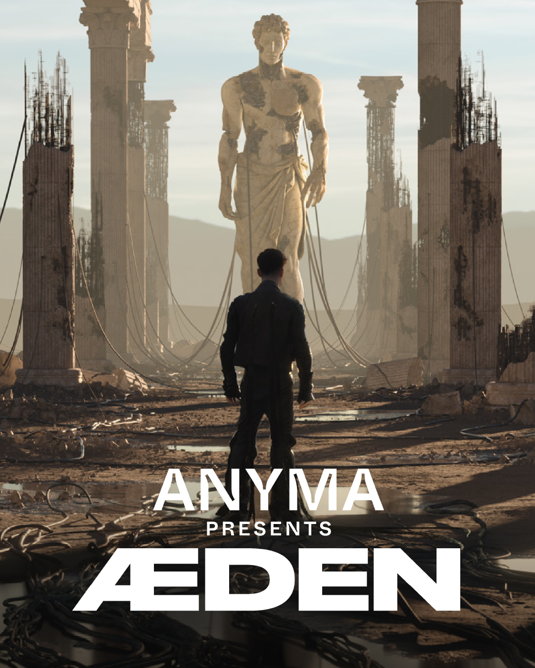 Anyma AEDEN key art, a lone figure among colossal statues