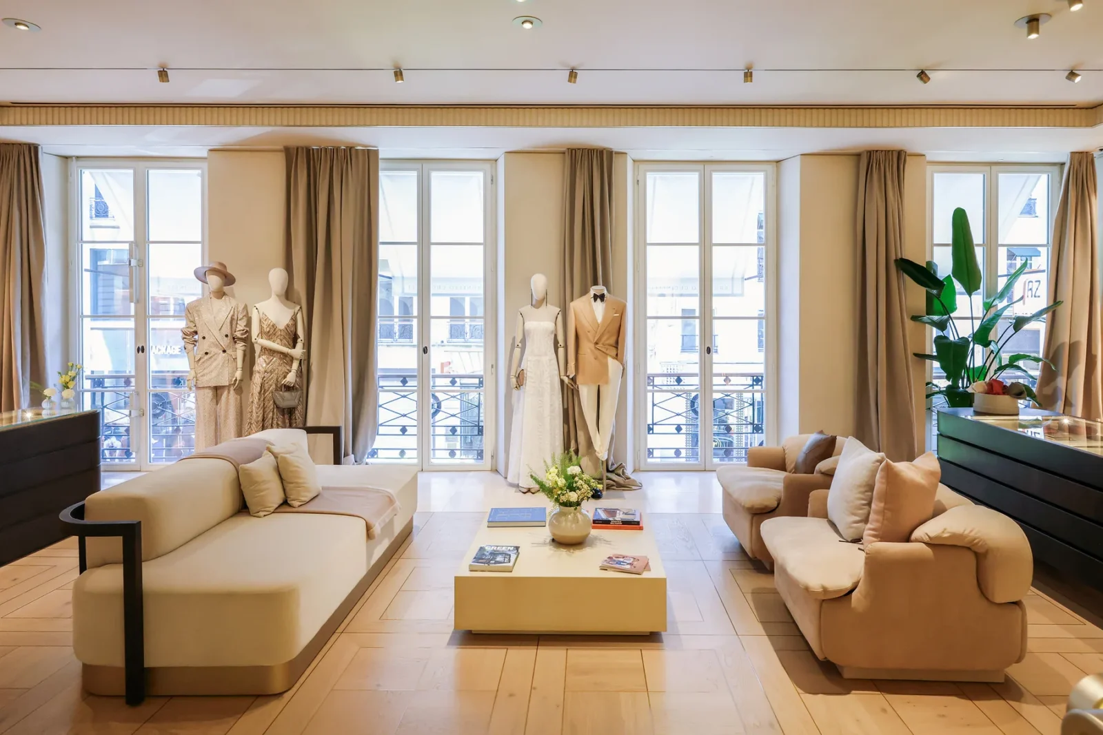 Brunello Cucinelli Rue Saint-Honore flagship, residential salon with sofas and daylight