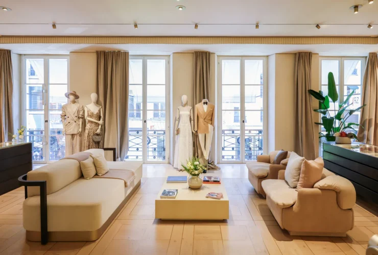 Brunello Cucinelli Rue Saint-Honore flagship, residential salon with sofas and daylight
