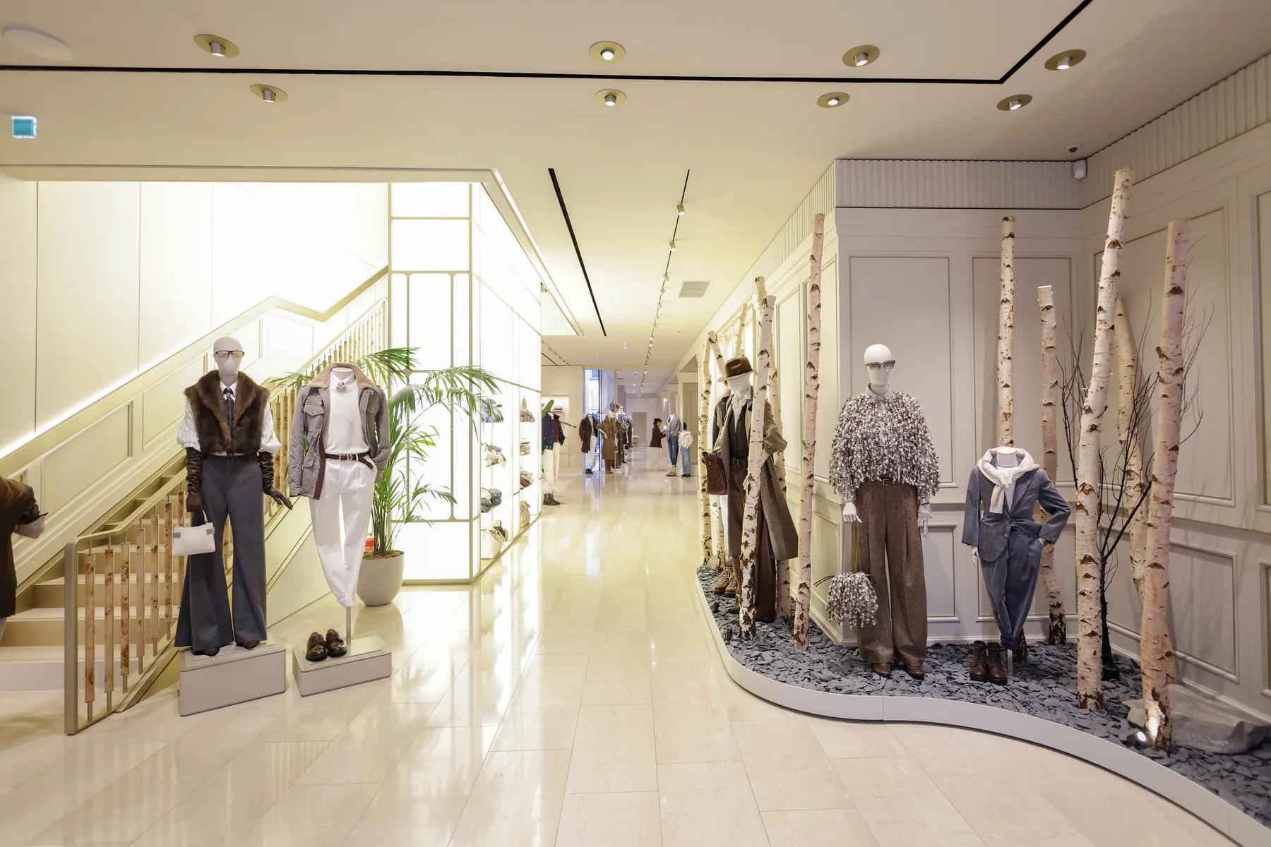 Brunello Cucinelli Saint-Honore, display floor with a birch installation