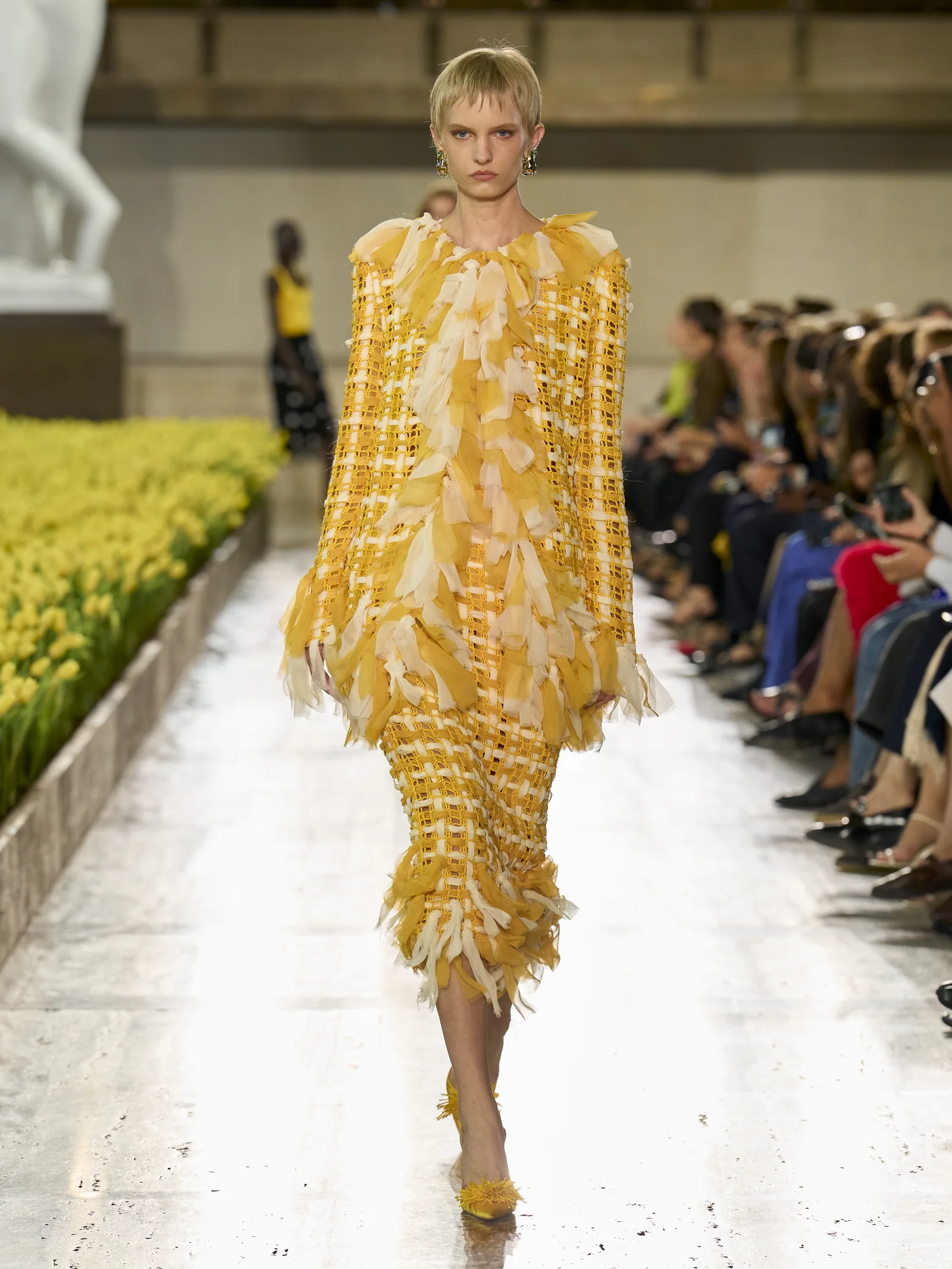 Carolina Herrera Spring 2027 taxi-cab yellow crochet-knit jacket and pencil skirt