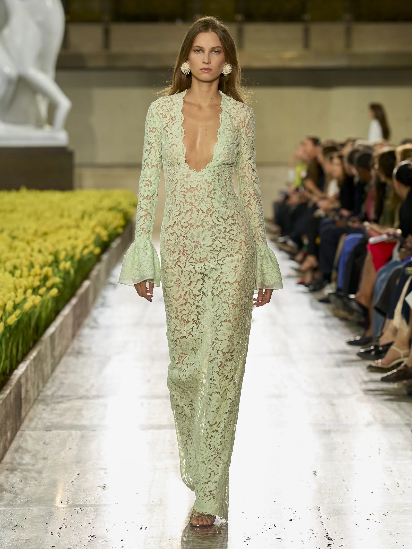 Carolina Herrera Spring 2027 plunging gown in cucumber corded floral lace