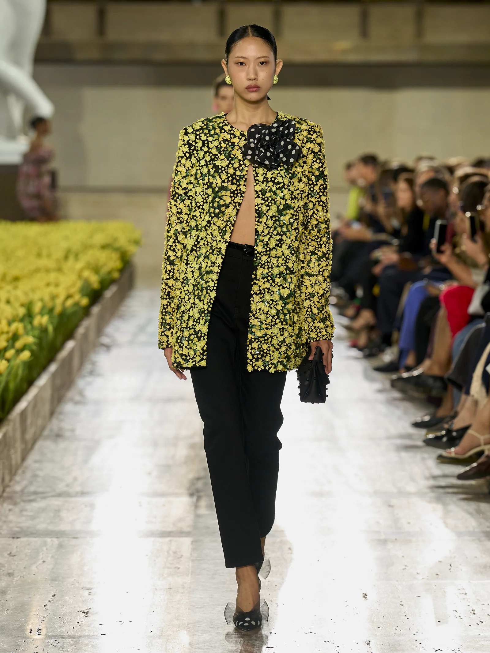 Carolina Herrera Spring 2027 yellow floral embroidered jacket with a black cigarette trouser