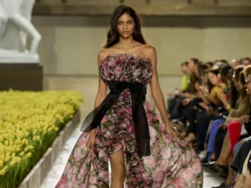 Carolina Herrera Spring 2027 strapless powder floral organza gown with a black bow on the Lincoln Center runway