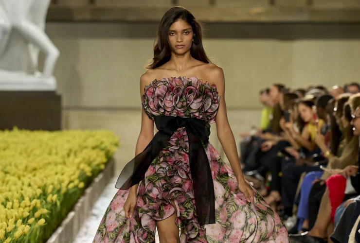 Carolina Herrera Spring 2027 strapless powder floral organza gown with a black bow on the Lincoln Center runway