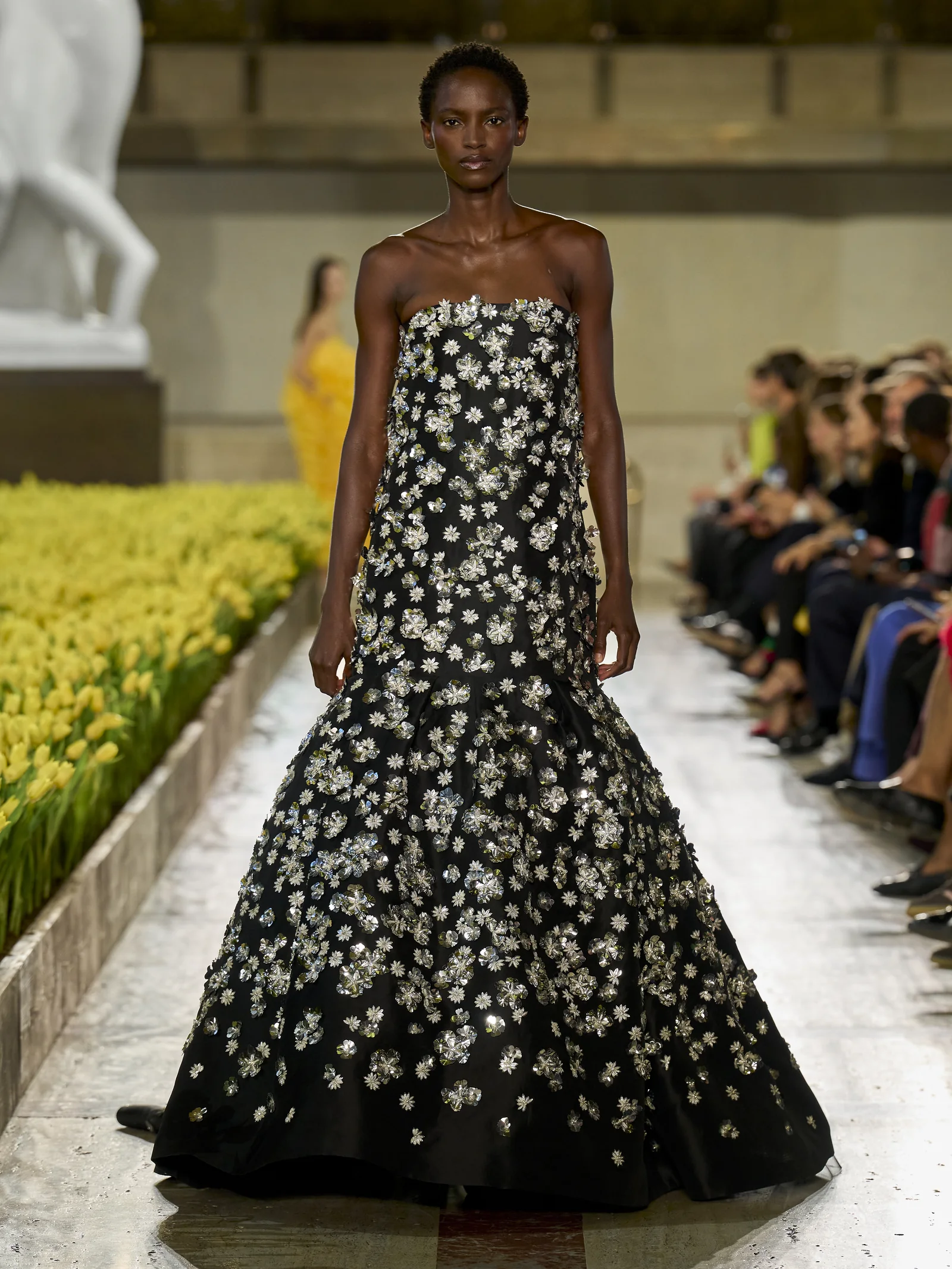 Carolina Herrera Spring 2027 black silk gazar ball gown embroidered with silver flowers
