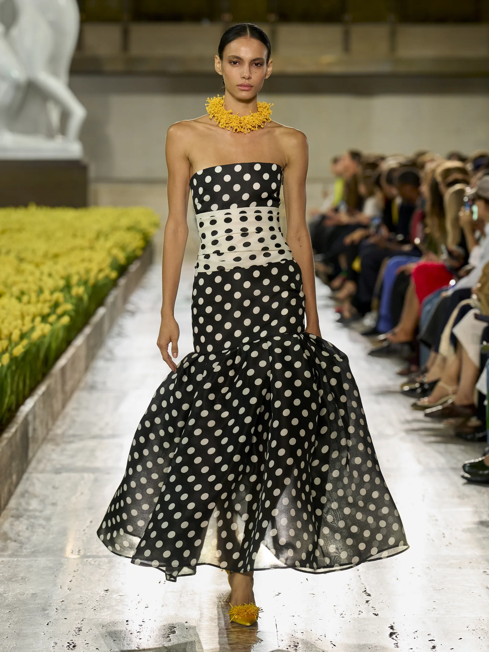 Carolina Herrera Spring 2027 black and ivory polka-dot drop-waist ball gown