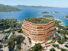 Rendering of the METT Ksamil hotel curving along the Albanian coast