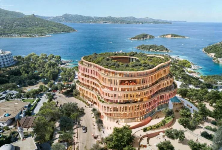 Rendering of the METT Ksamil hotel curving along the Albanian coast