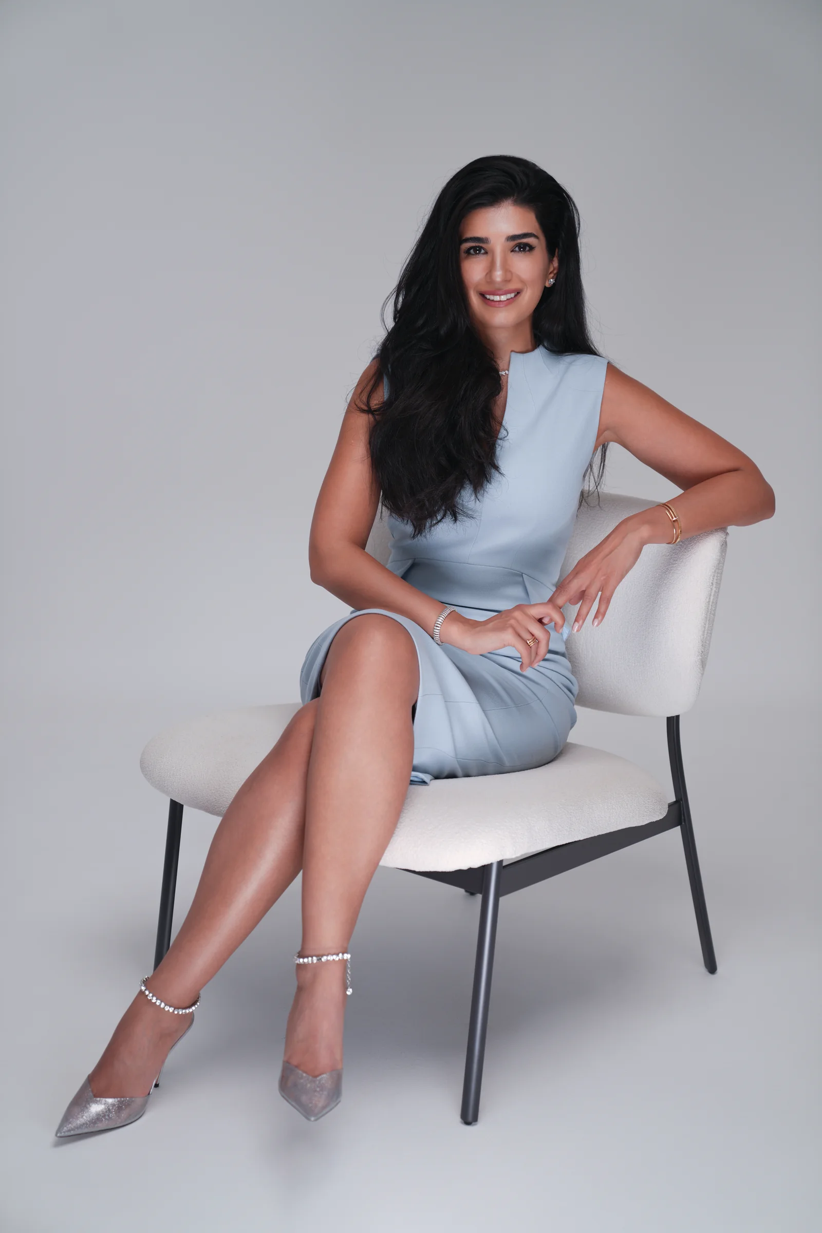 Dr. Noor AlQabandi photographed for Boujeez in a soft blue look