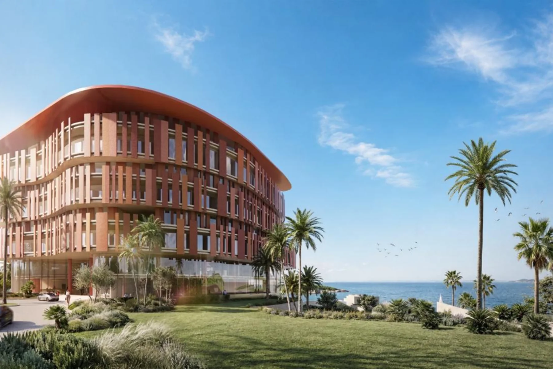 Rendering of the METT Ksamil hotel exterior amid gardens and palms