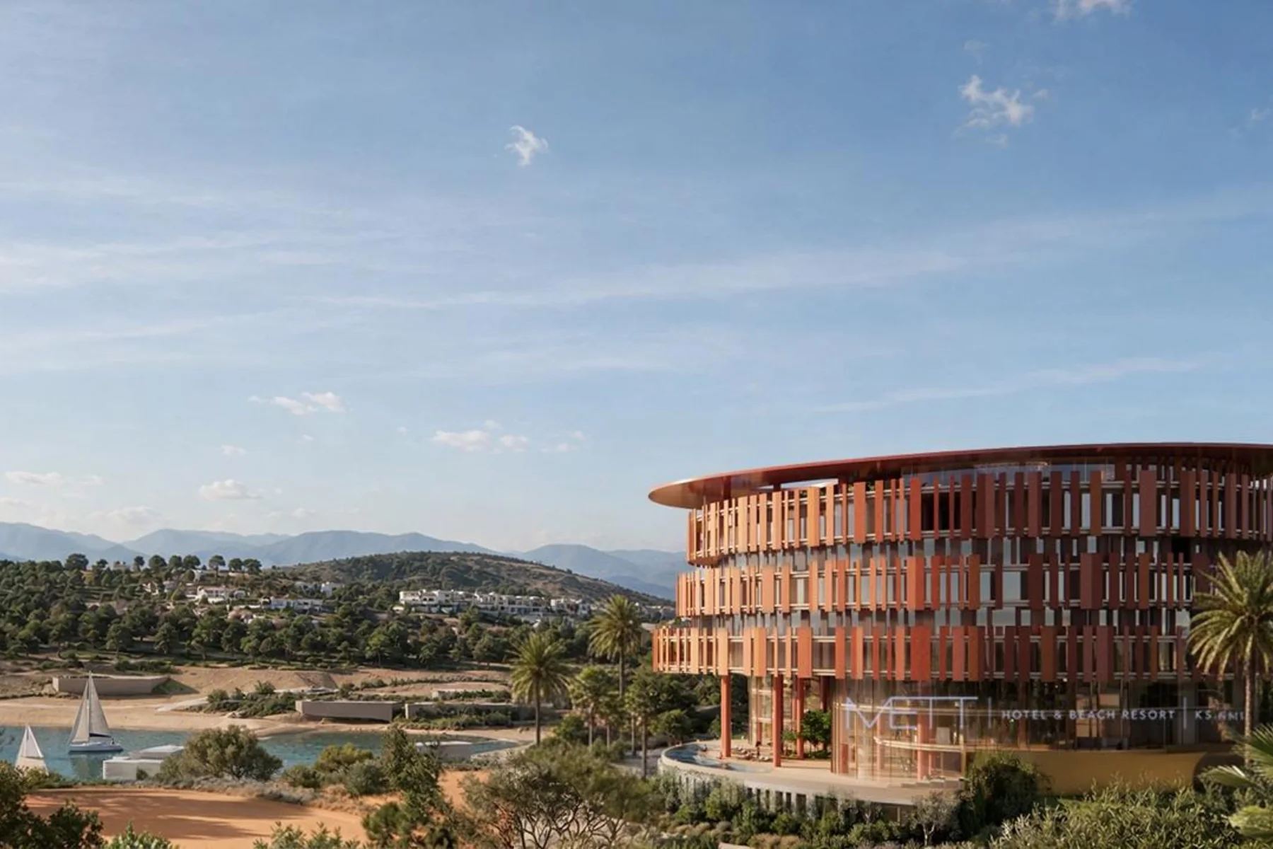 Rendering of the terraced timber facade of the METT Ksamil hotel