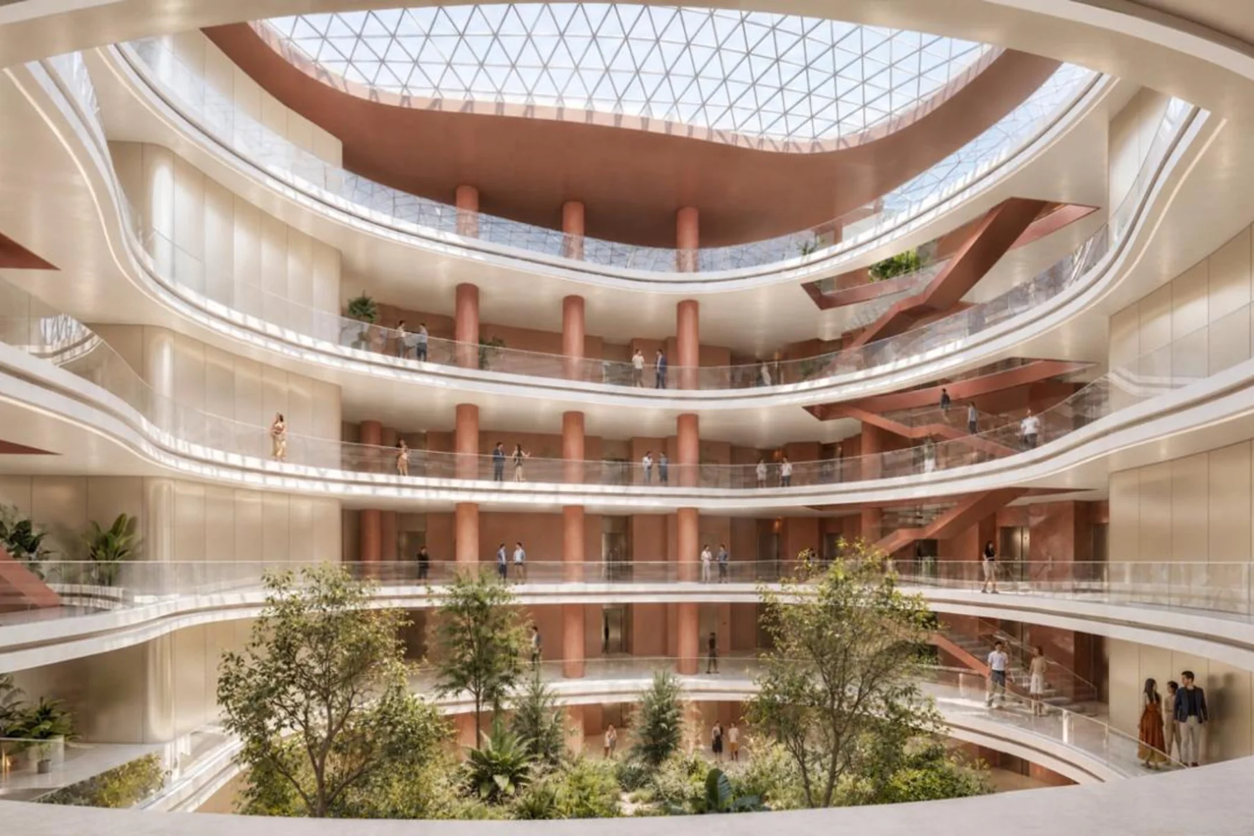 Rendering of the METT Ksamil atrium with terraced balconies and greenery