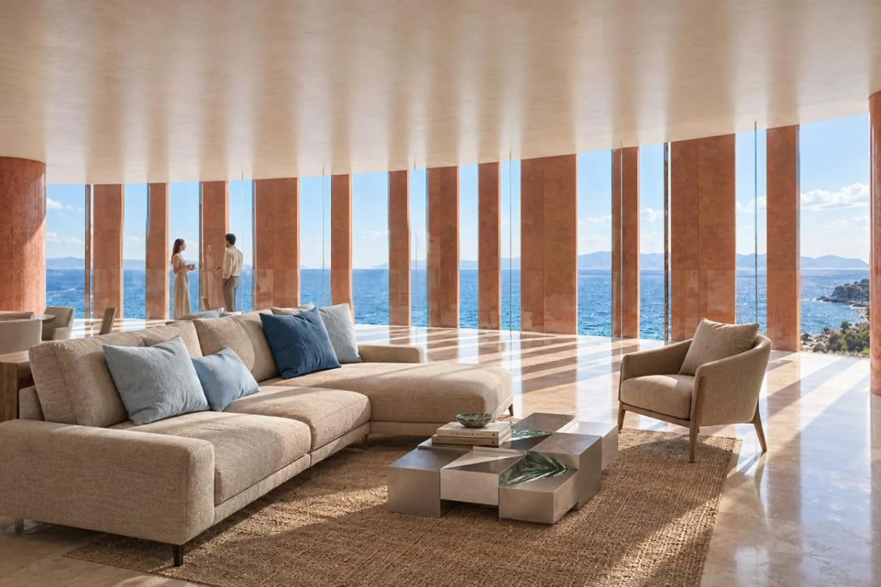 Rendering of a METT Ksamil suite with floor-to-ceiling sea views