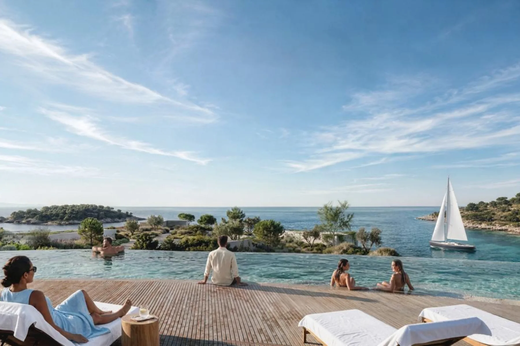A seaside terrace at Ksamil with a sailboat on the Ionian Sea