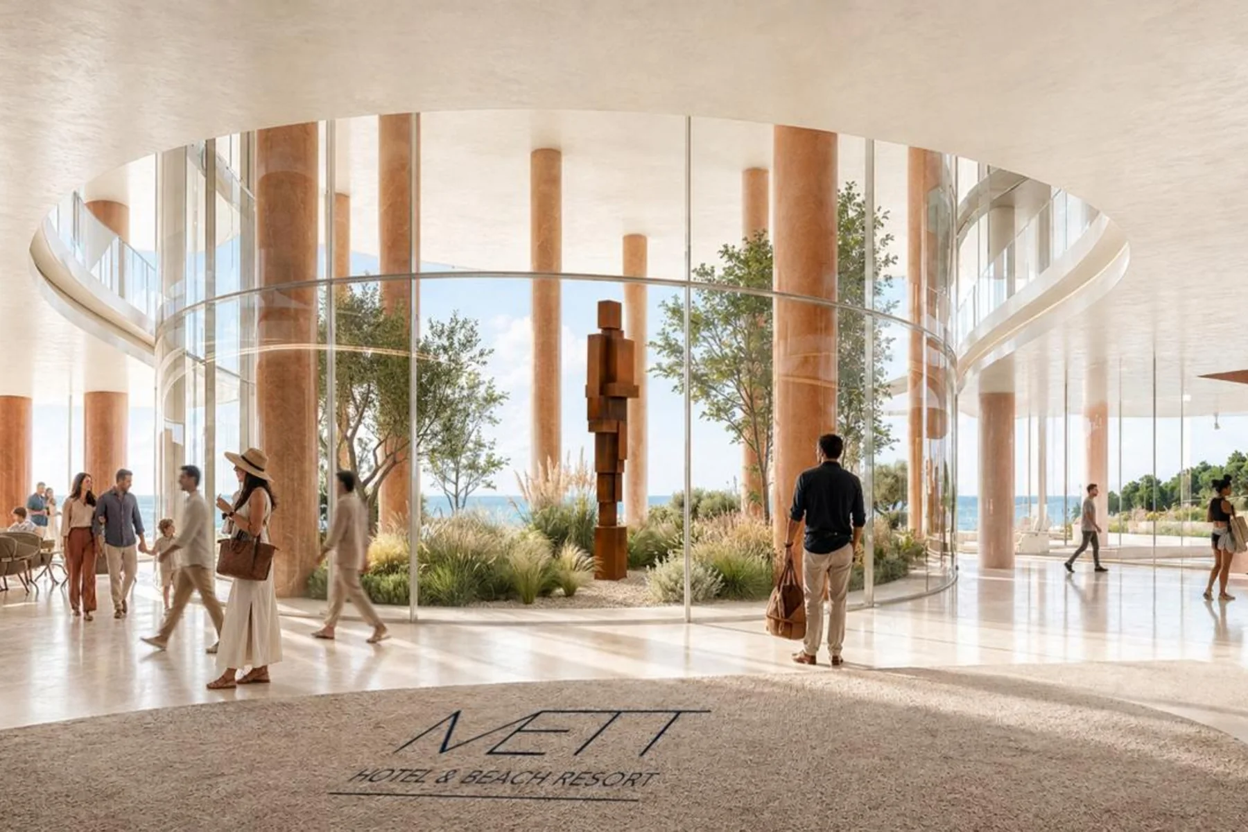Rendering of the METT Ksamil lobby with columns and planting