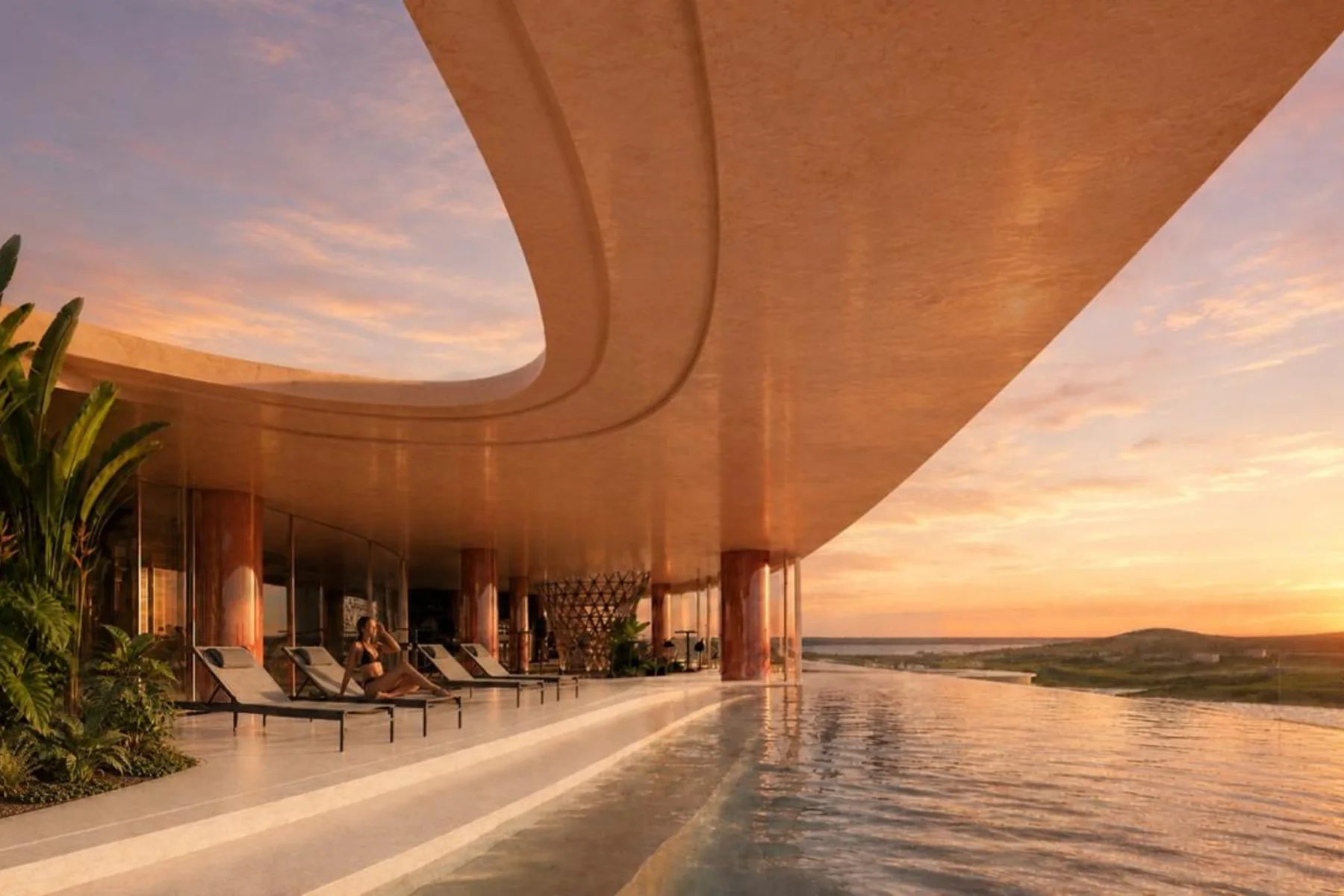 Rendering of the METT Ksamil pool terrace at sunset