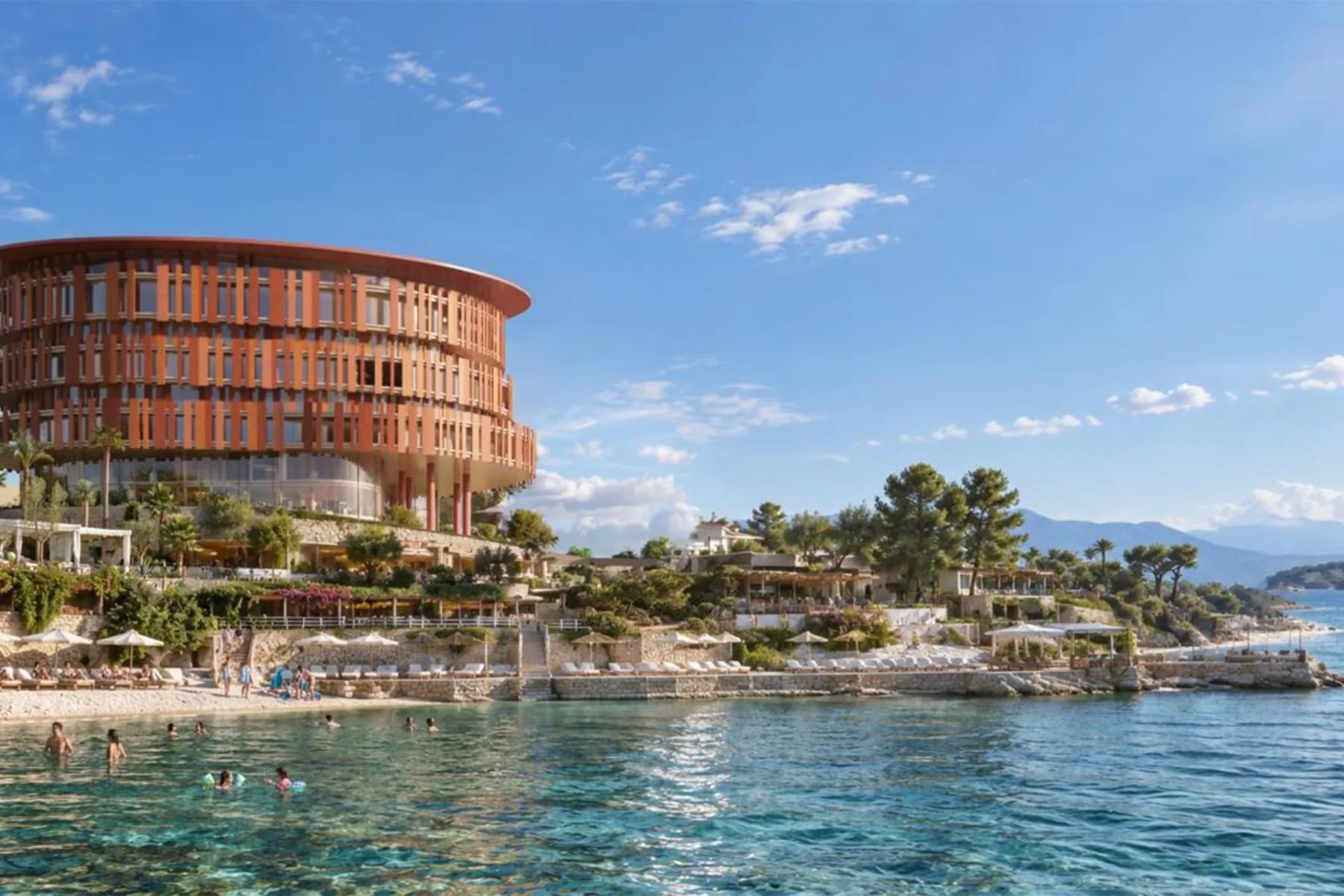 Rendering of the METT Ksamil hotel on the headland seen from the sea