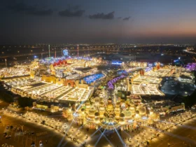 Global Village Dubai at night, aerial view of the lit pavilions